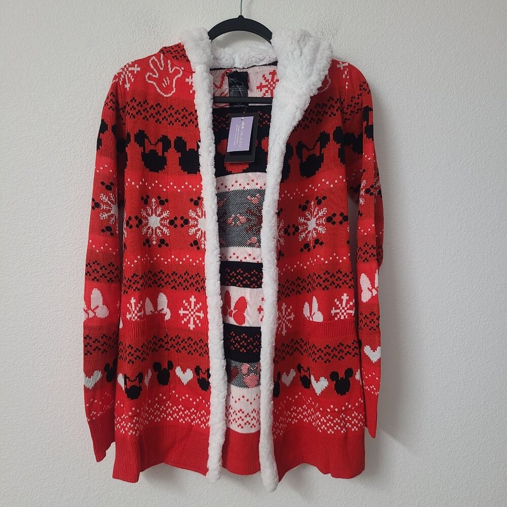 Disney Mickey Mouse Minnie Christmas Fair Isle Sherpa Cardigan Size XS Red